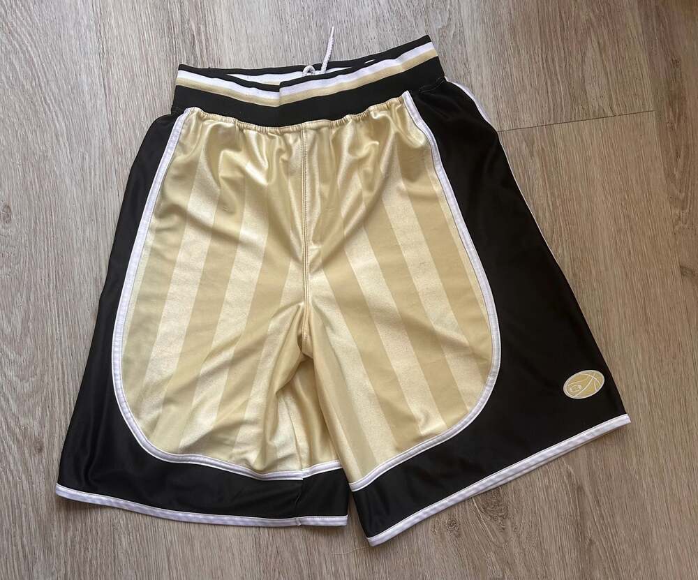 Vintage Russell Athletic Gold and Black Striped B Ball Shorts, Size L (14/16)